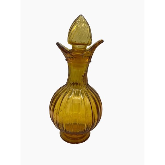 Avon Amber Bulbous Ribbed Decanter Cruet with Stopper 7" Tall Decor Display Prop - Picture 3 of 10